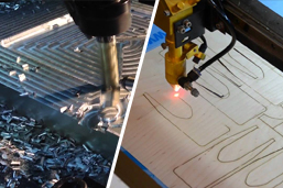 a cnc router cutting metal and a cnc laser cutting wood